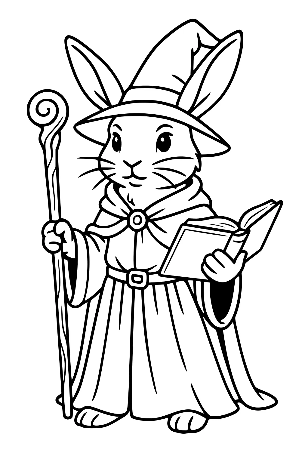 Rabbit wearing wizard hat and robe holds a staff and an open book.