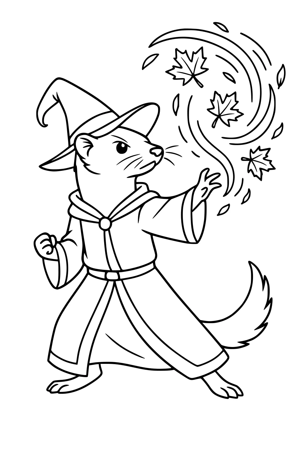 Weasel in a wizard hat and robe casting a spell, swirling maple leaves in the air with magical wind lines.