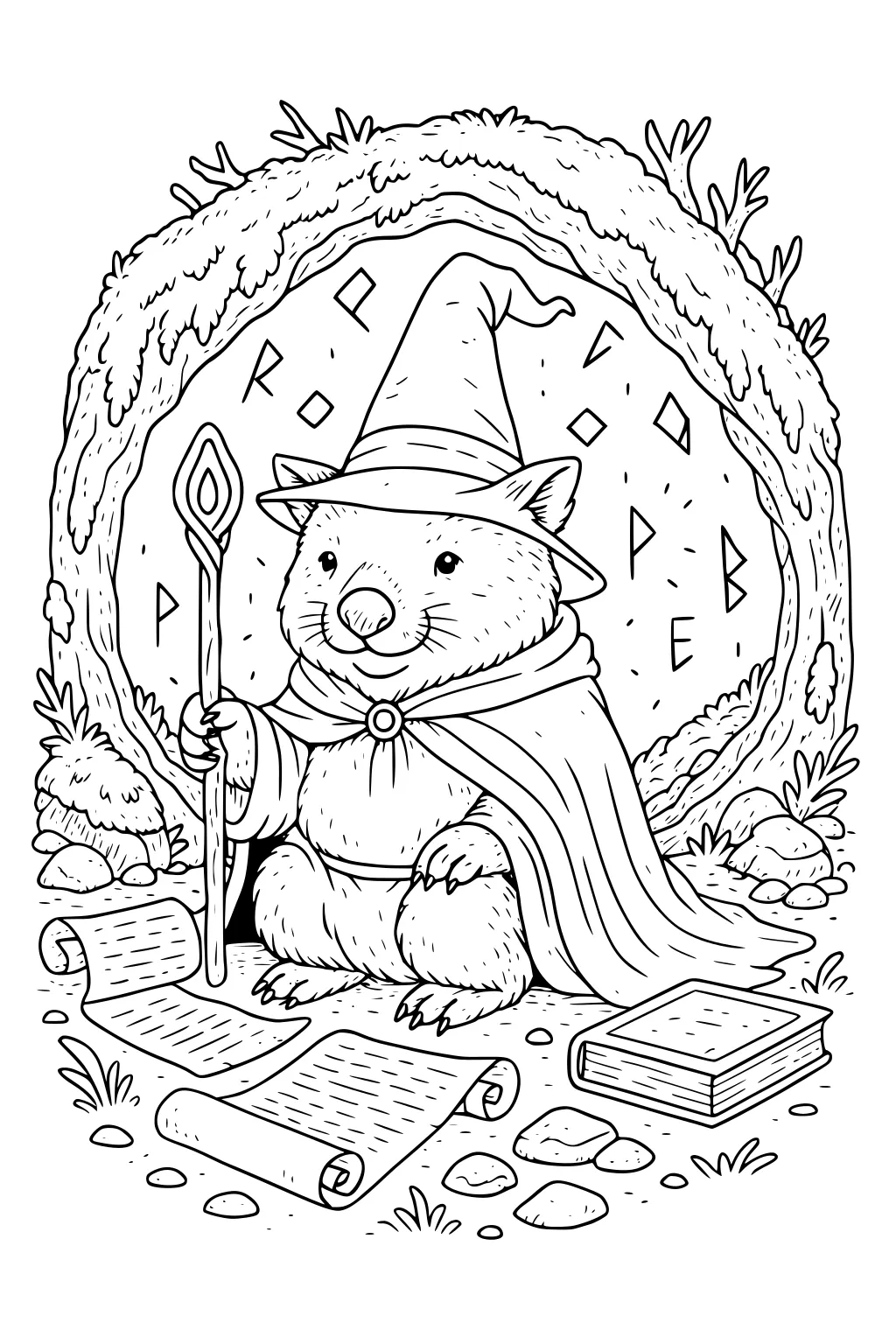 Wizard wombat in a leafy burrow, wearing hat and cape, holding a staff, with floating runes, scrolls, rocks, and a book.