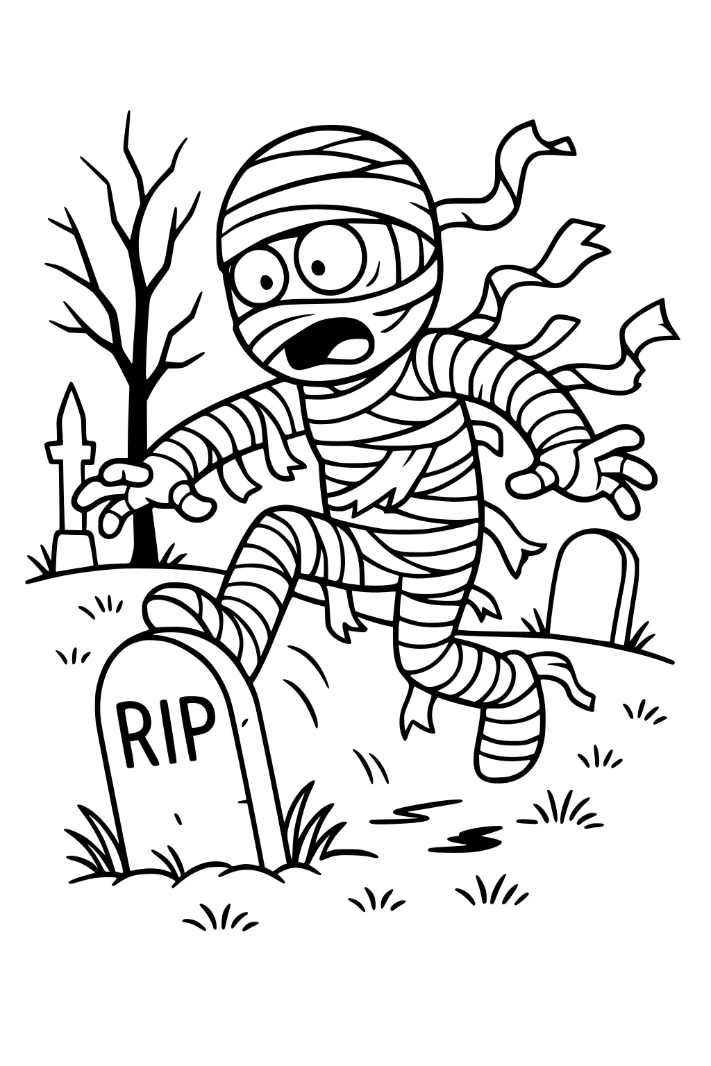 Cartoon mummy trips over a RIP tombstone; wraps fly as a bare tree and headstones sit in the graveyard background.