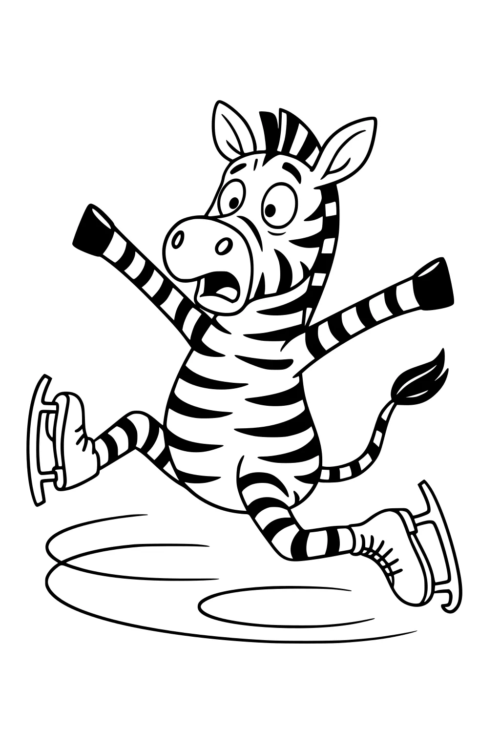 Cartoon zebra with wide eyes wobbling on ice skates, arms out, striped body, motion lines on a slippery rink.