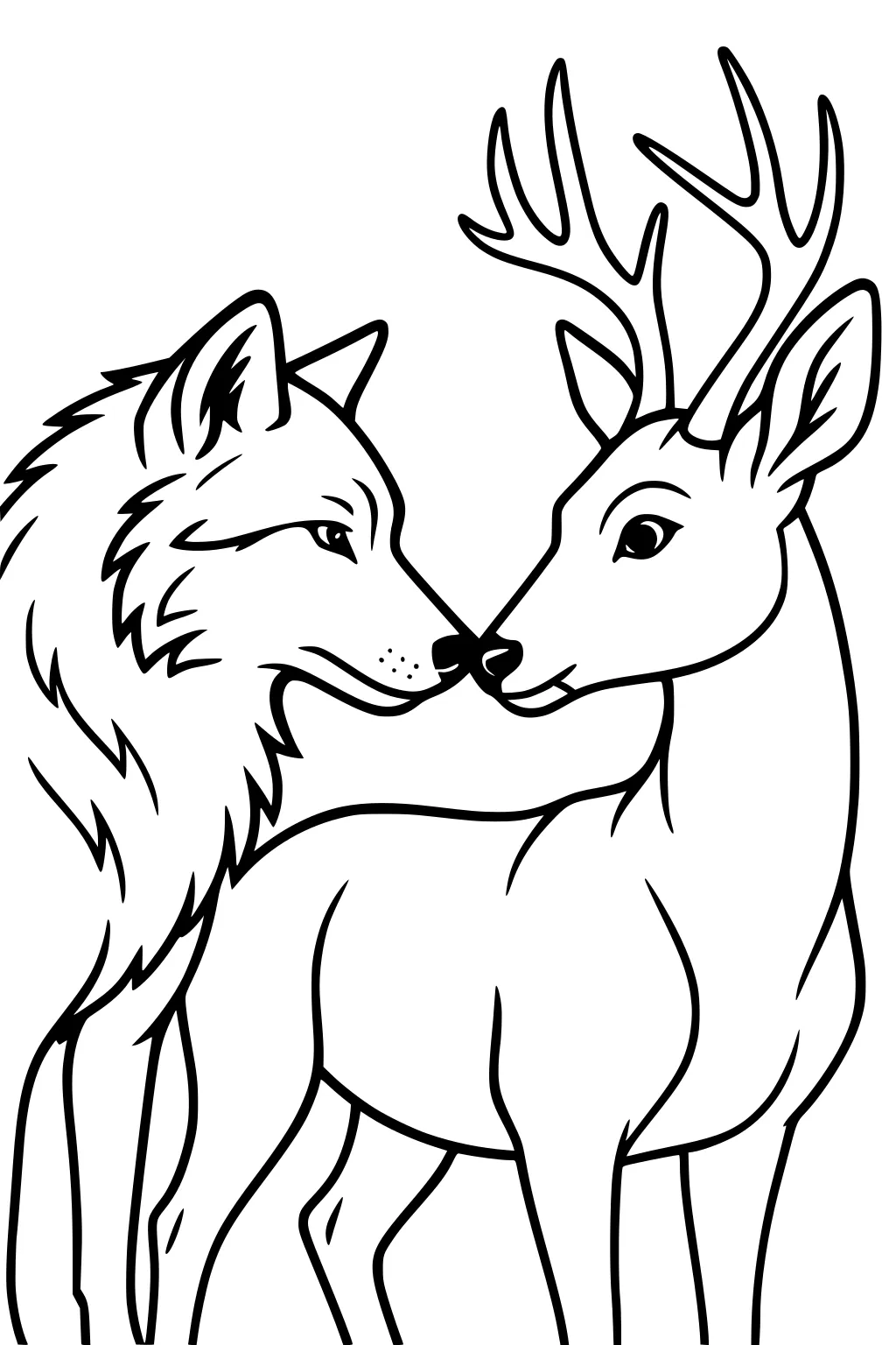 Wolf and stag touch noses in side view, bold outlines, fur detail and large antlers, simple line art with open background.
