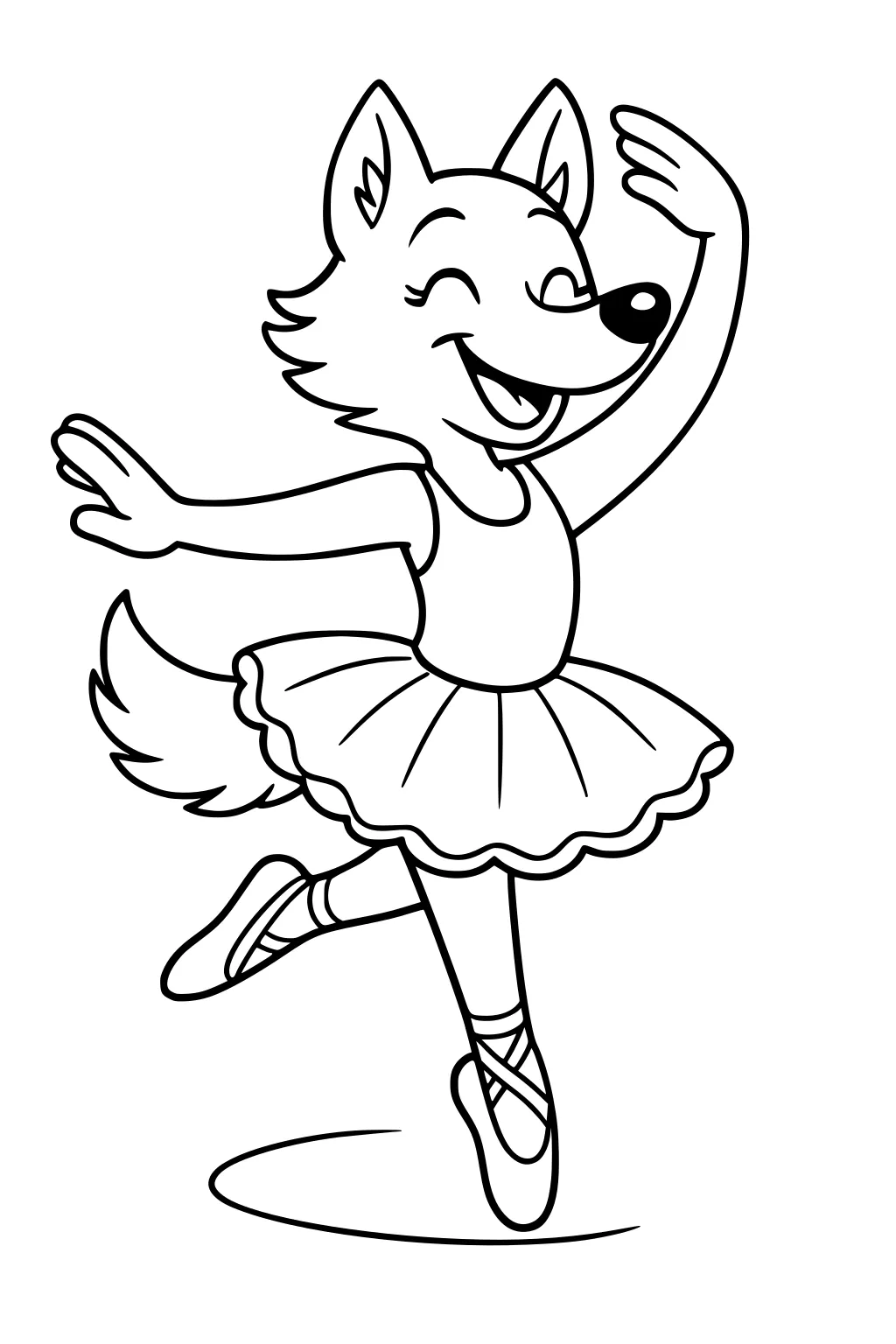 Smiling girl wolf in tutu and ballet slippers twirls with one leg raised, arms curved, fluffy tail, simple cartoon lines.