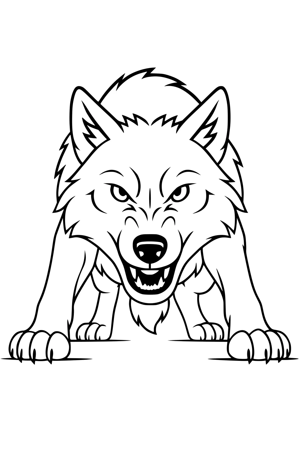 Front-view wolf crouching with bared teeth, large paws forward, pointed ears, shaggy fur, and focused eyes in bold black outlines.