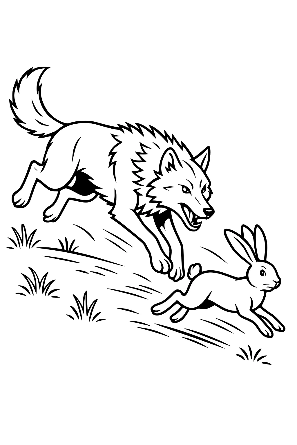 Wolf with open mouth running downhill after a rabbit across grassy ground, both in outline with motion lines.