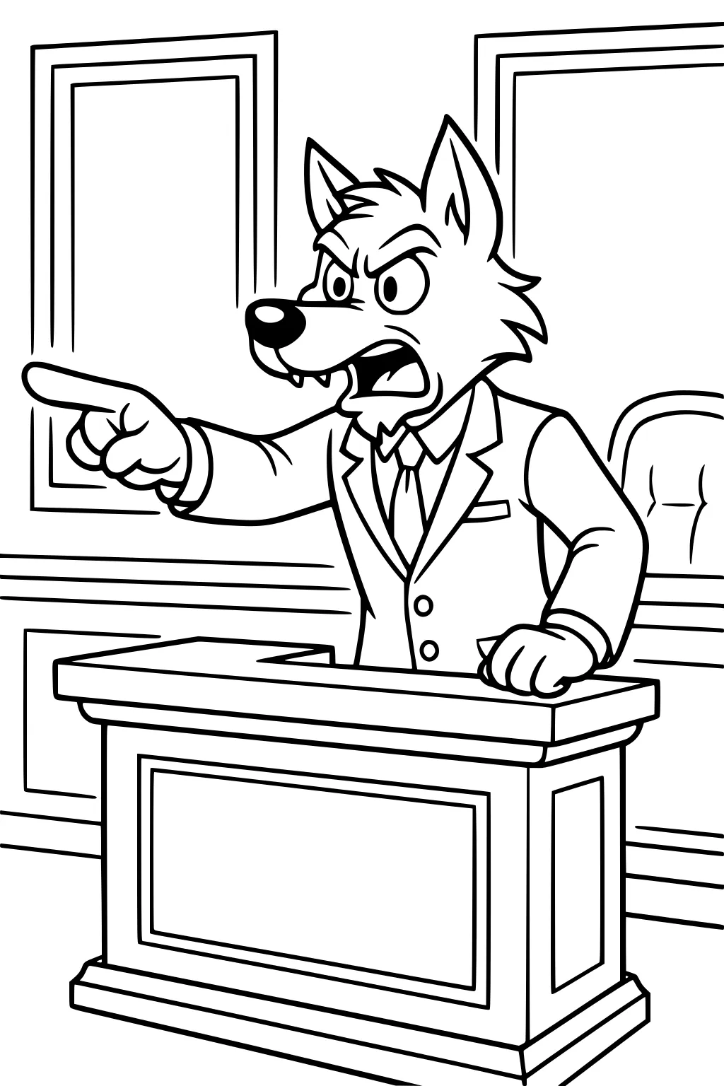 Cartoon wolf in a suit points and speaks at a courtroom podium, one paw on the desk, judge's chair and wall panels behind.