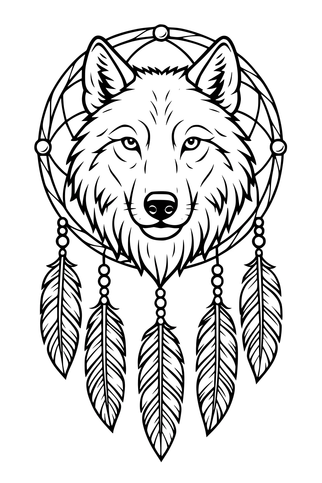 Wolf face inside a dreamcatcher hoop with beaded strings and five detailed feathers in bold outline art.
