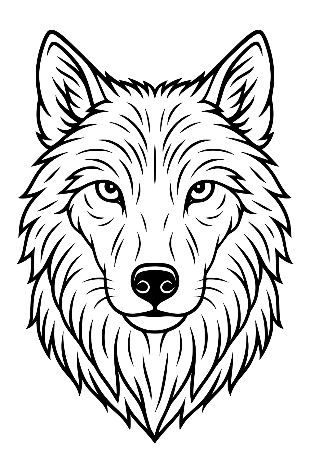 Front view wolf head with pointed ears, almond eyes, shiny nose, and layered fur lines in bold black outline on white.