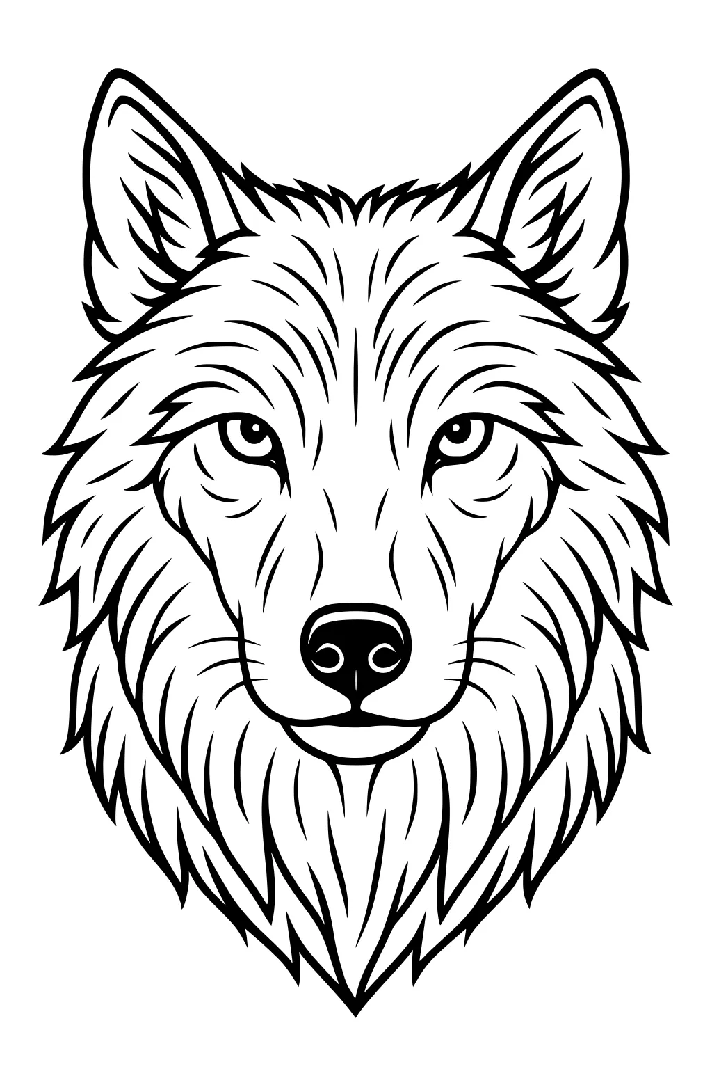 Front view wolf head with pointed ears, almond eyes, shiny nose, and layered fur lines in bold black outline on white.