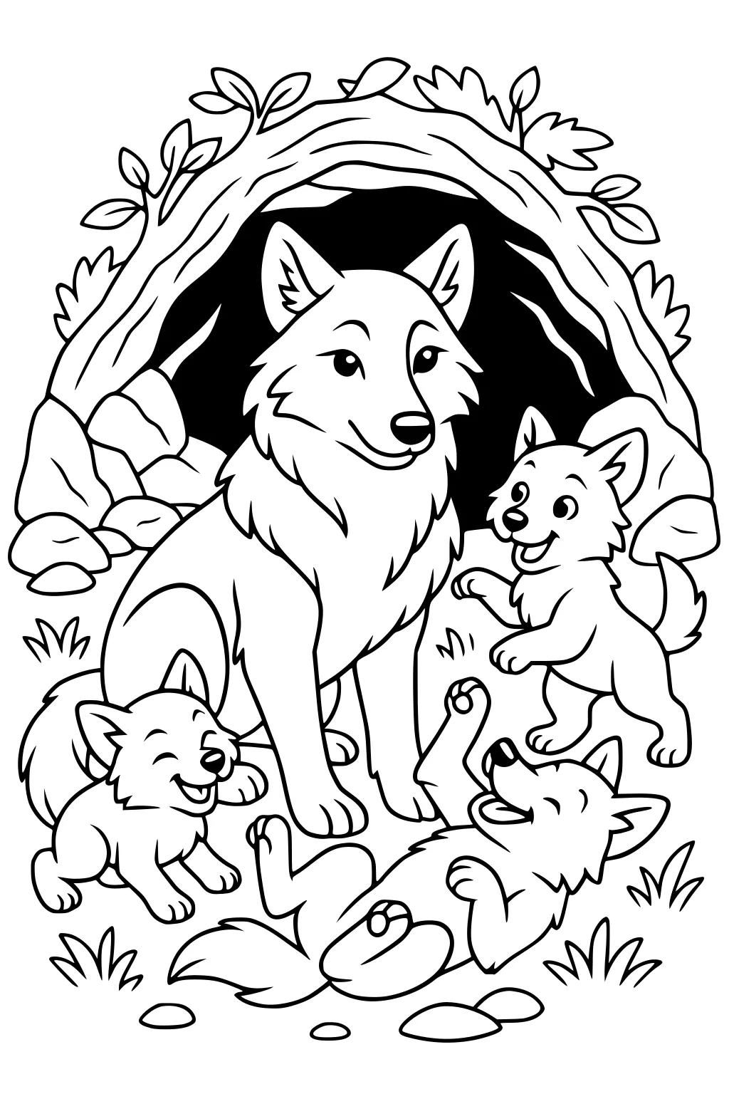 Mother wolf sits at den entrance with three playful pups, one rolling on back, leaves, rocks, and grass around the cave.
