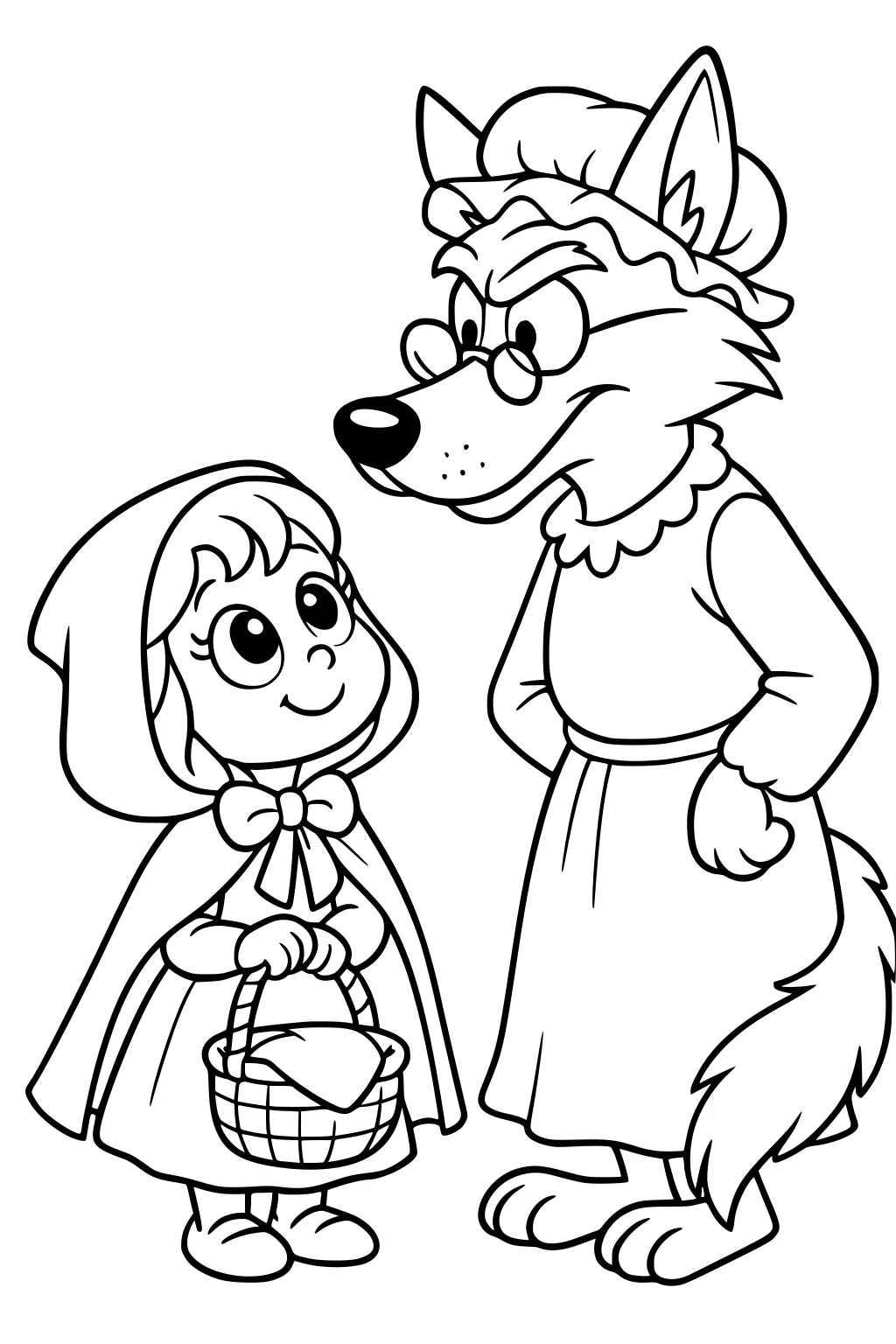 Red Riding Hood smiles at a wolf in grandma clothes with bonnet and glasses; she holds a basket and wears a hooded cape.