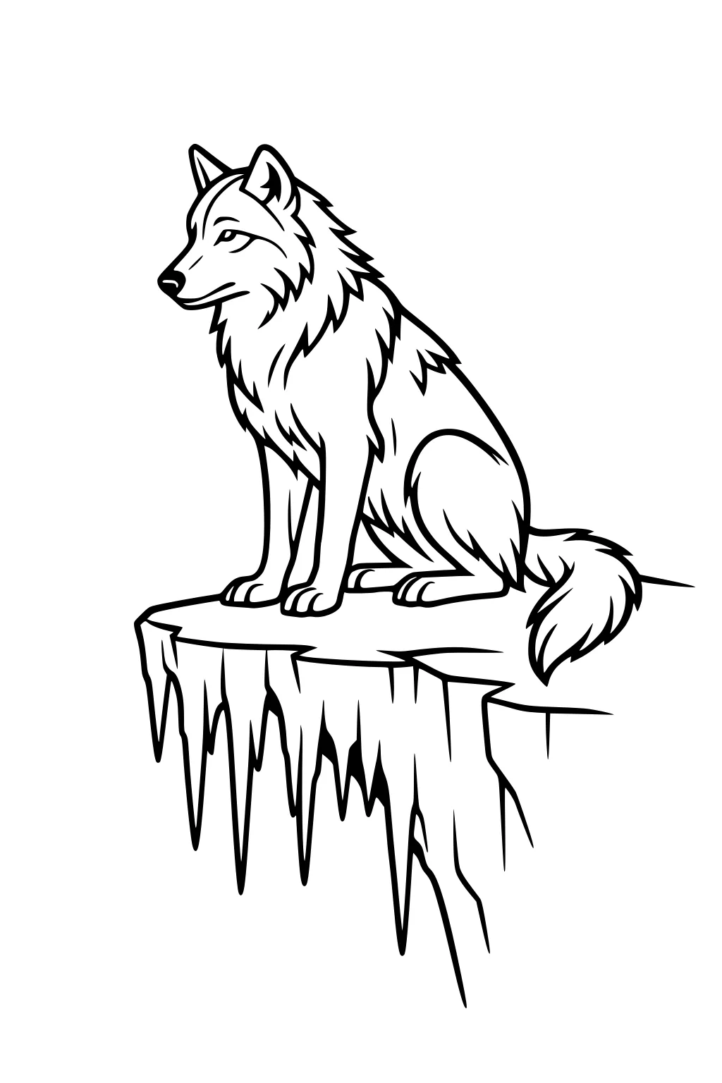 Side-view wolf sits on an icy cliff ledge with long icicles, fluffy fur, and a bushy tail, outlined on a plain background.