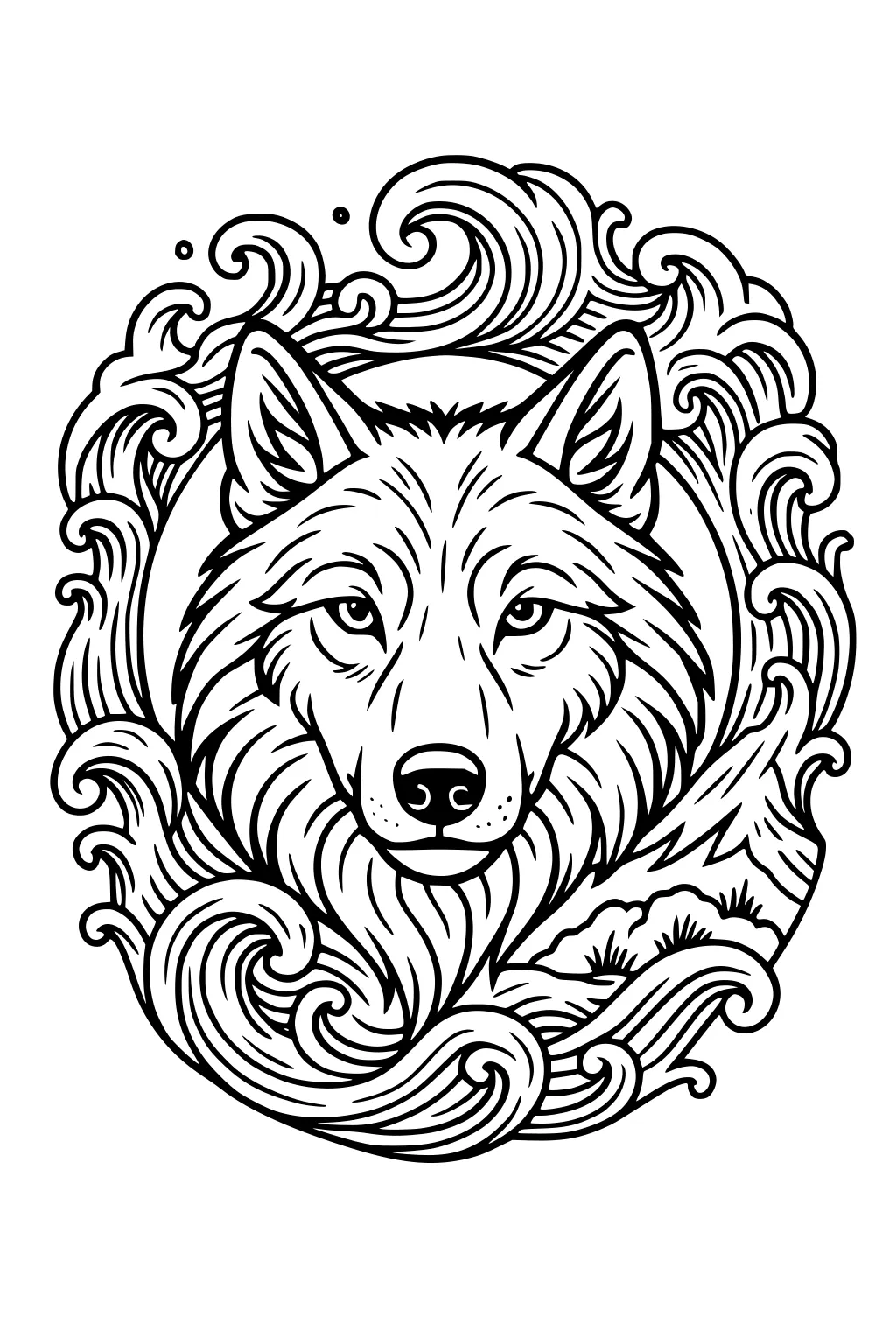 Wolf face framed by swirling ocean waves with small mountains and foam, bold black outlines, symmetrical decorative line art.