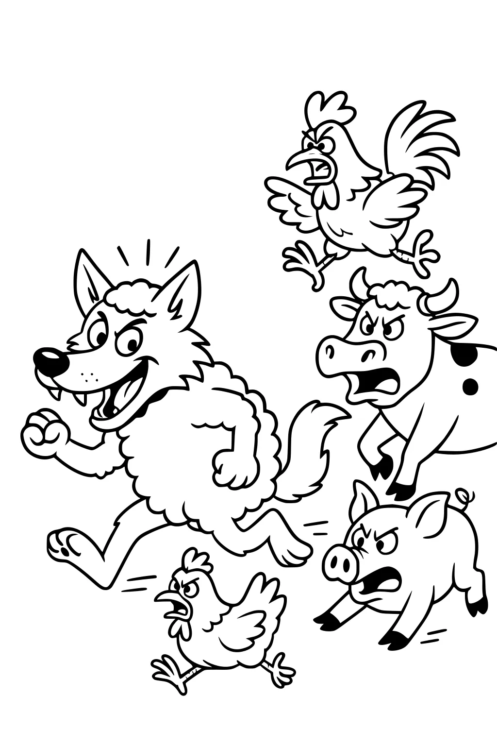 Cartoon wolf in sheep costume runs as angry cow, pig, rooster, and hen chase him; motion lines and bold outlines.
