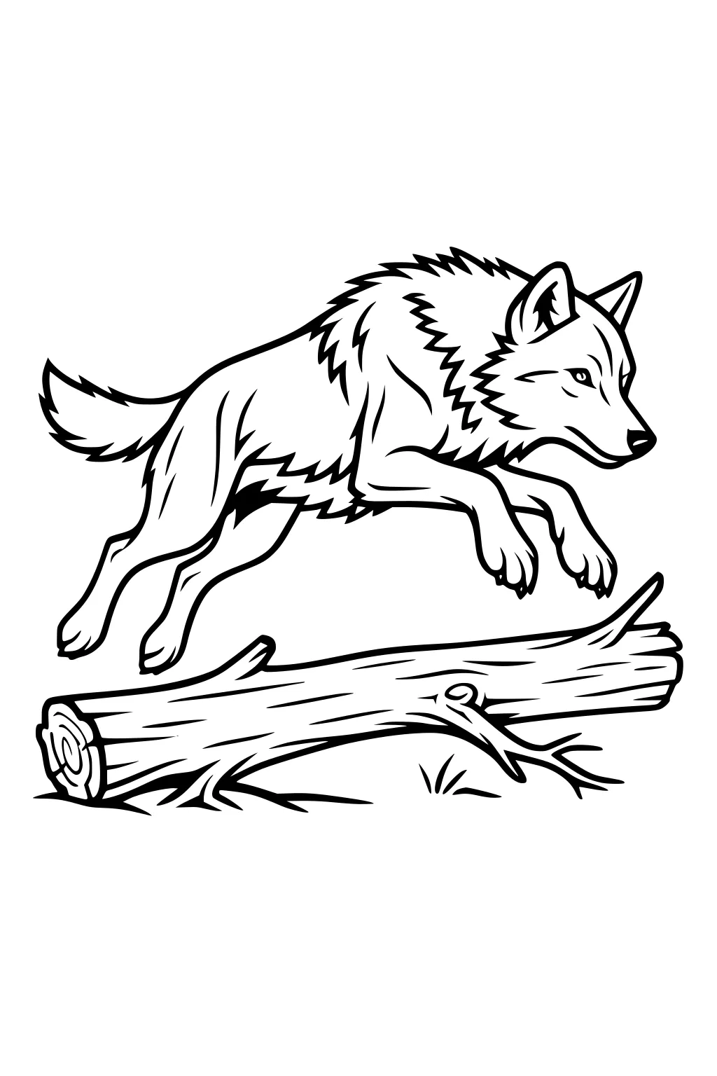 Wolf leaping over a fallen log, paws tucked, ears perked, tail stretched; bold outline with fur lines and small grass tufts.