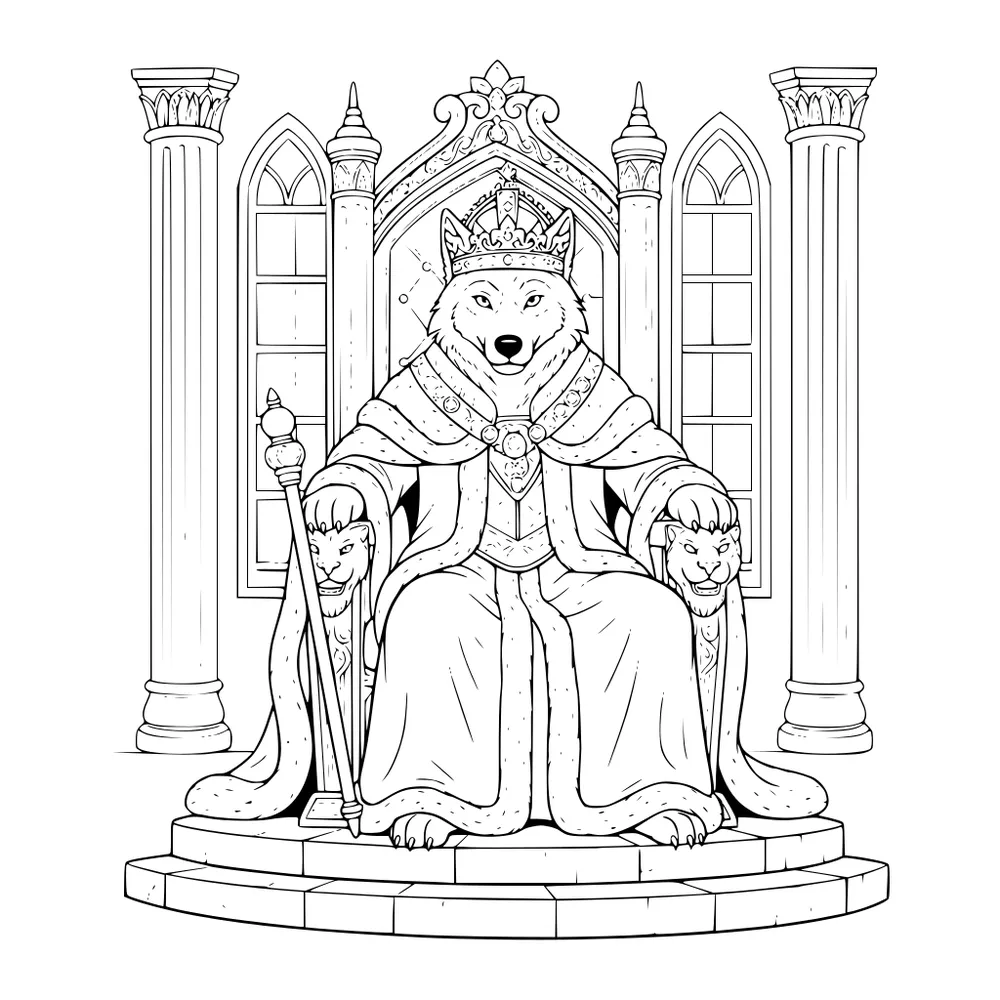 Wolf king in crown and fur-trimmed robe sits on ornate throne with scepter, lion armrests, arched windows and columns behind.