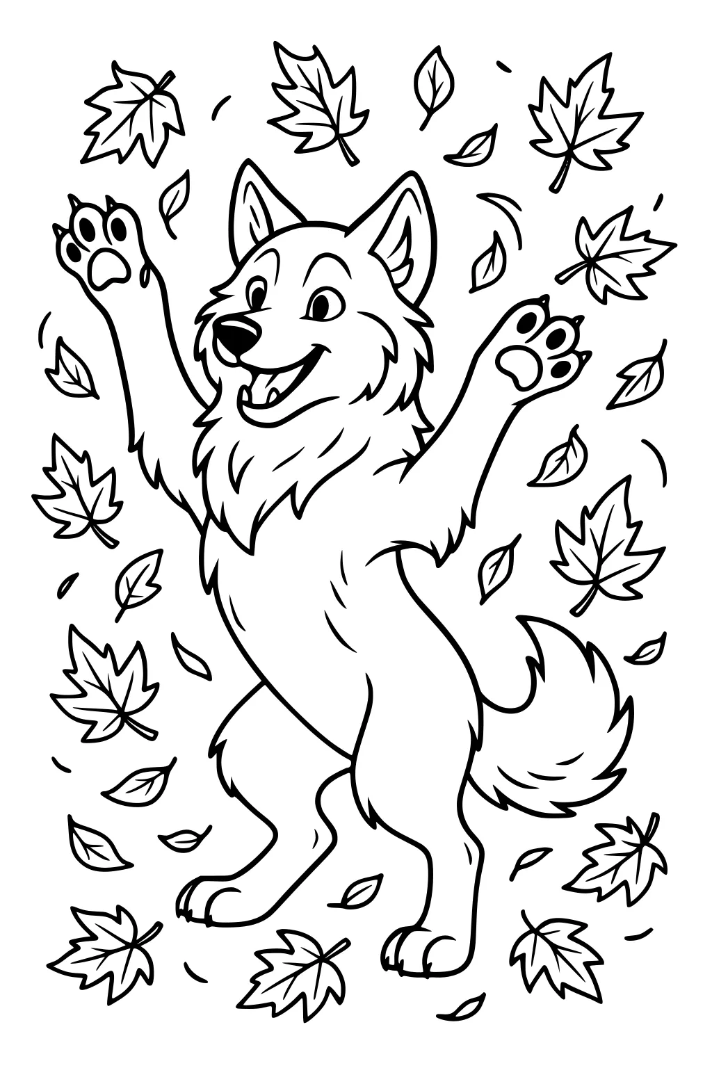 Cartoon wolf standing on hind legs with raised paws, smiling as maple leaves fall around him.