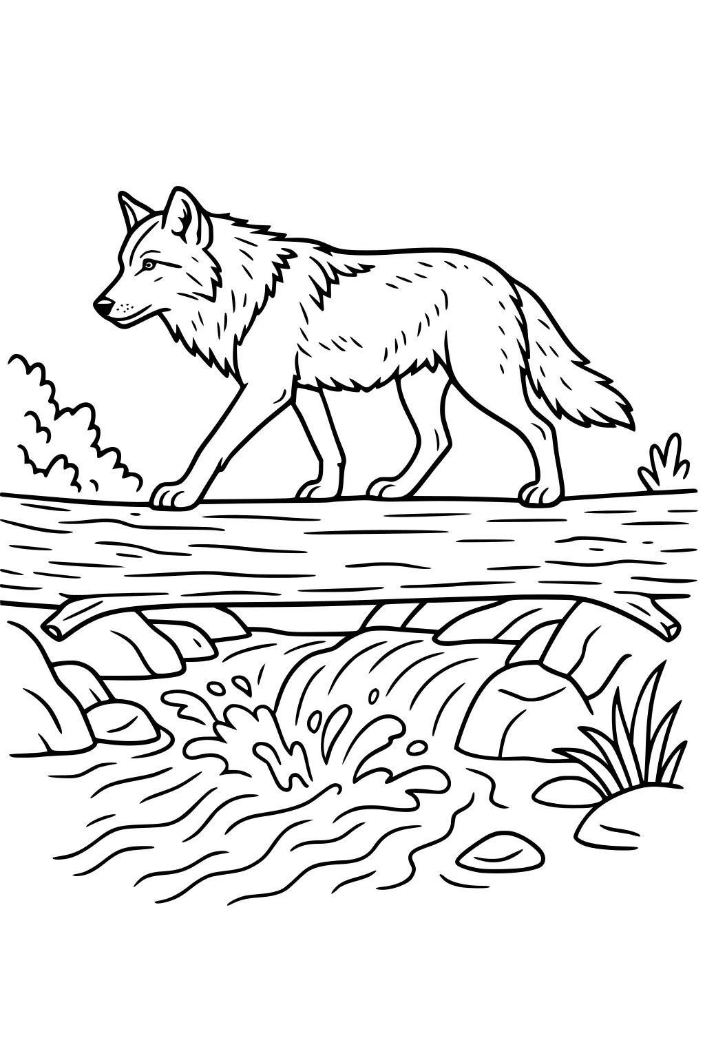 Wolf walks across a fallen log over a splashing stream with rocks, bushes, and grass in a simple line drawing.