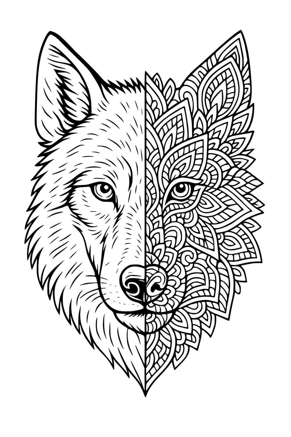 Half-realistic wolf face with fur on left and intricate mandala patterns on right, centered eyes and nose in bold black outline.