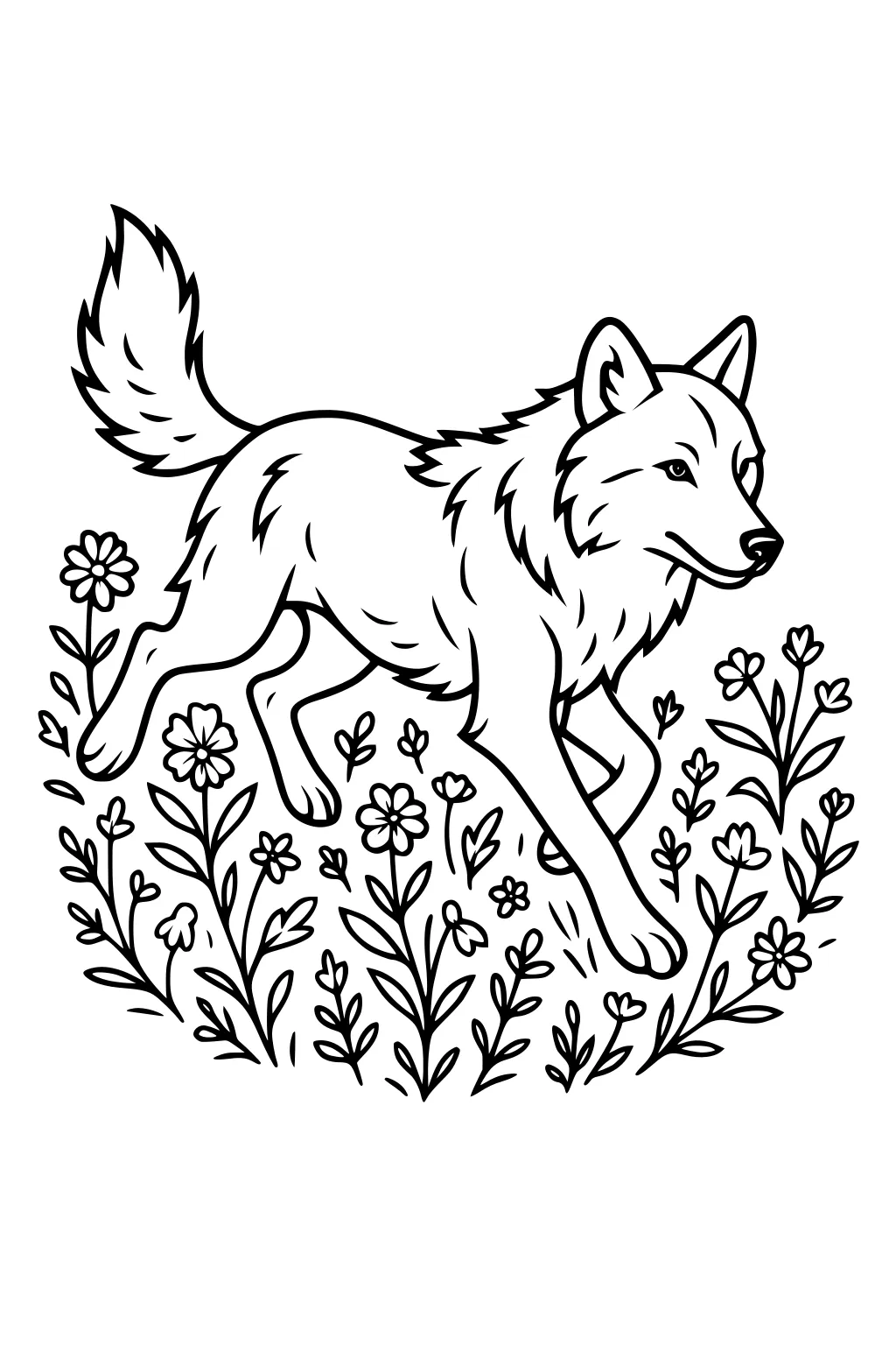Wolf trotting through tall wildflowers, fluffy tail raised, perked ears and calm smile, bold line art with many petals and leaves.
