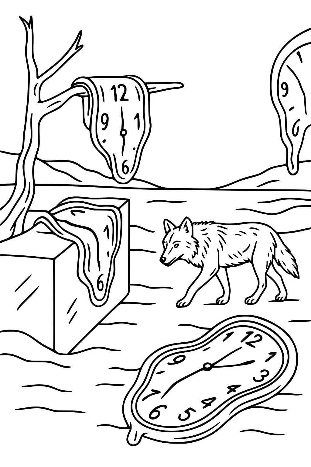 Wolf in a wavy desert with melting clocks on a bare tree, a box, and the ground; low hills behind.