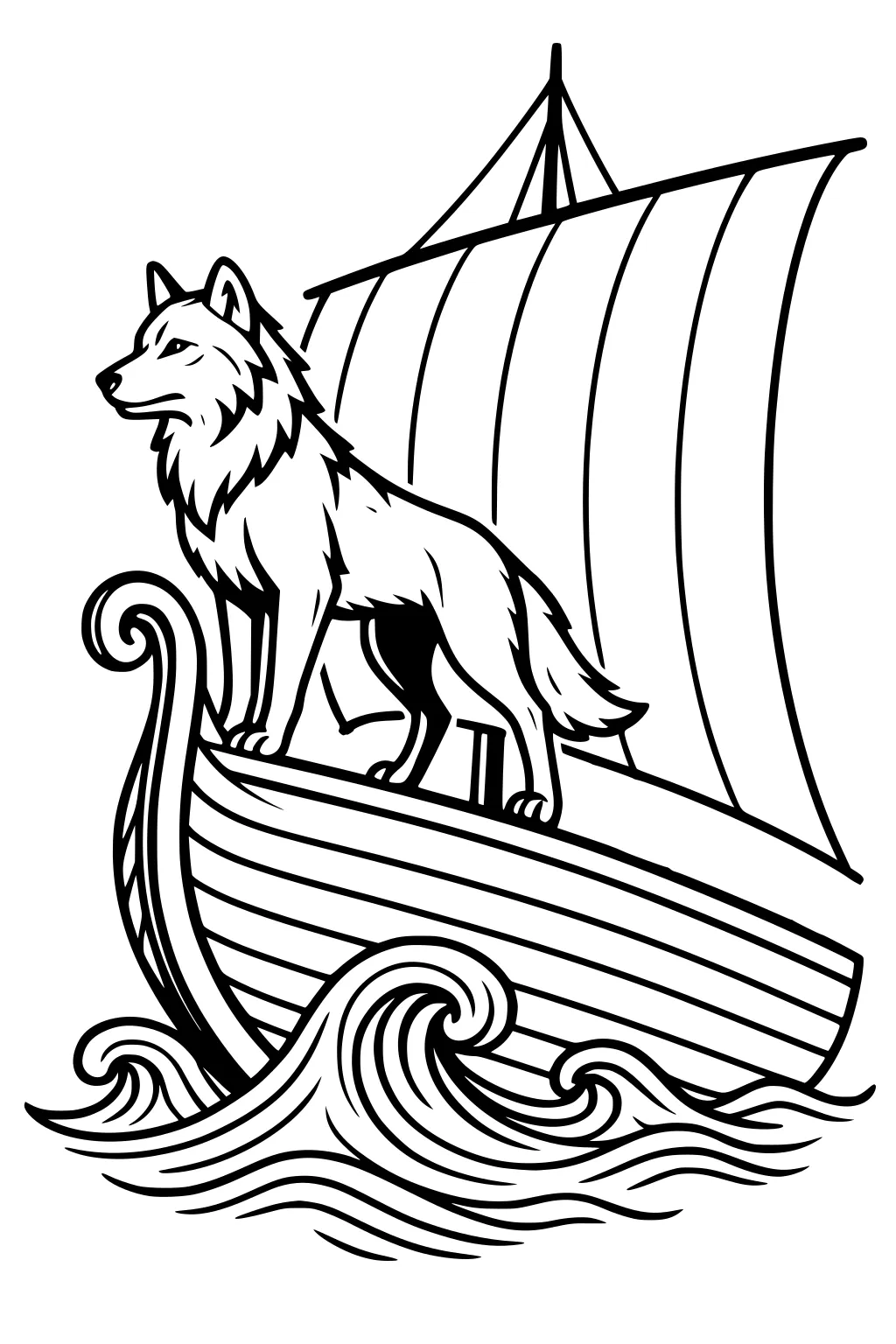 Wolf on the prow of a Viking longship with a tall sail, striped hull, curled prow carving, and rolling waves below.