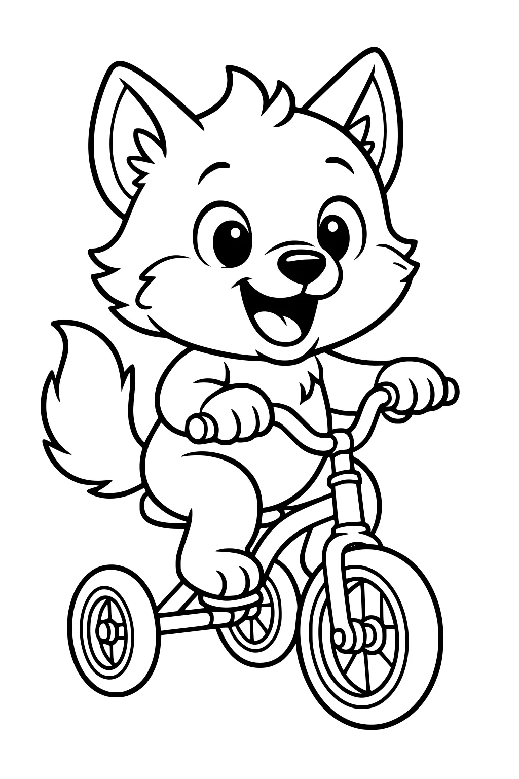 Cheerful cartoon wolf pup on a tricycle, paws on handlebars and pedal, fluffy tail and big eyes, bold outlines for coloring.