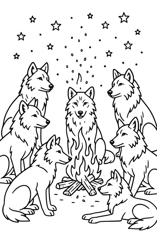 Wolf Pack Campfire Under Stars