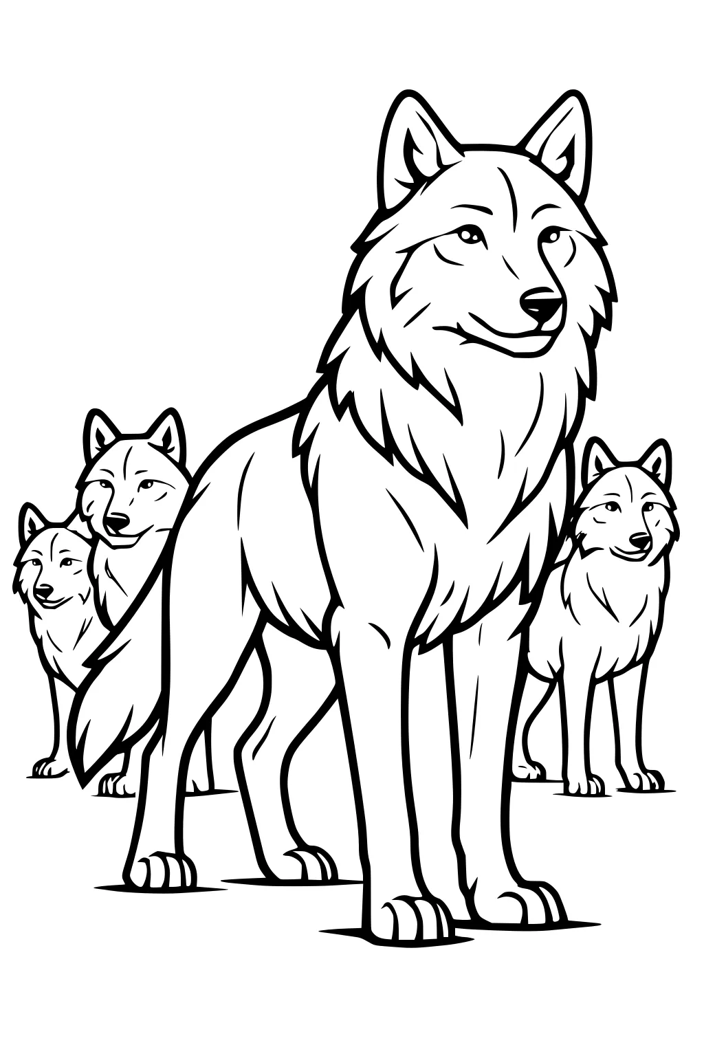 Four wolves in a pack, one large in front with fluffy neck fur, three smaller behind, simple bold outlines on a blank background.