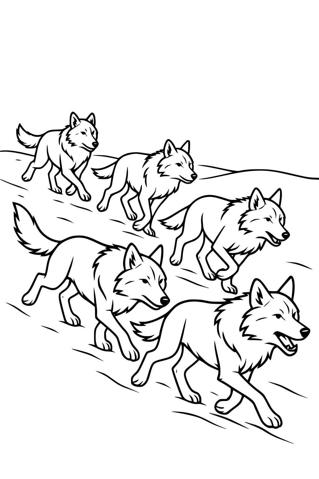 Five wolves trotting in a line across rolling hills, ears up and fluffy tails, bold outlines with an open background.