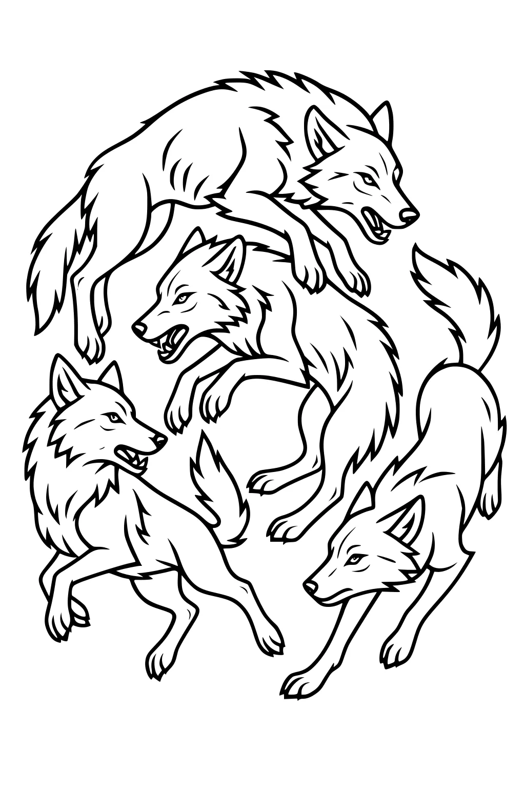 Four wolves in bold outline running in a circle, one leaping above, with bushy tails, pricked ears, and open mouths.