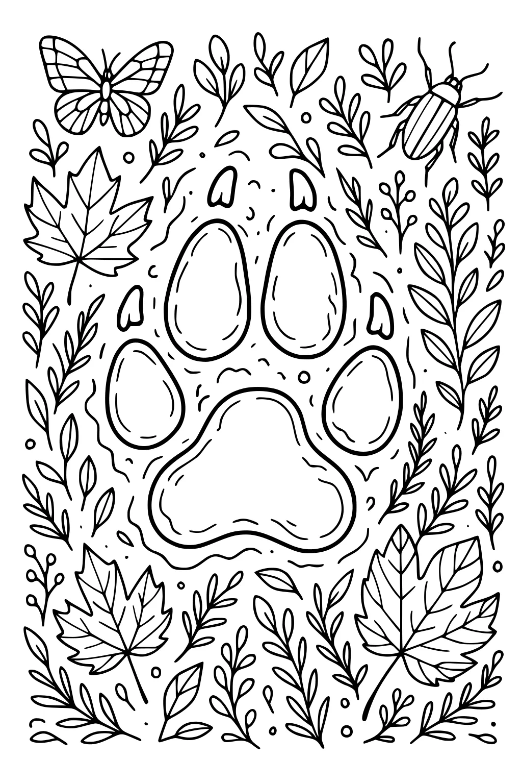 Big wolf paw print with four toes, framed by maple leaves, small twigs, a butterfly top left, and a beetle top right.