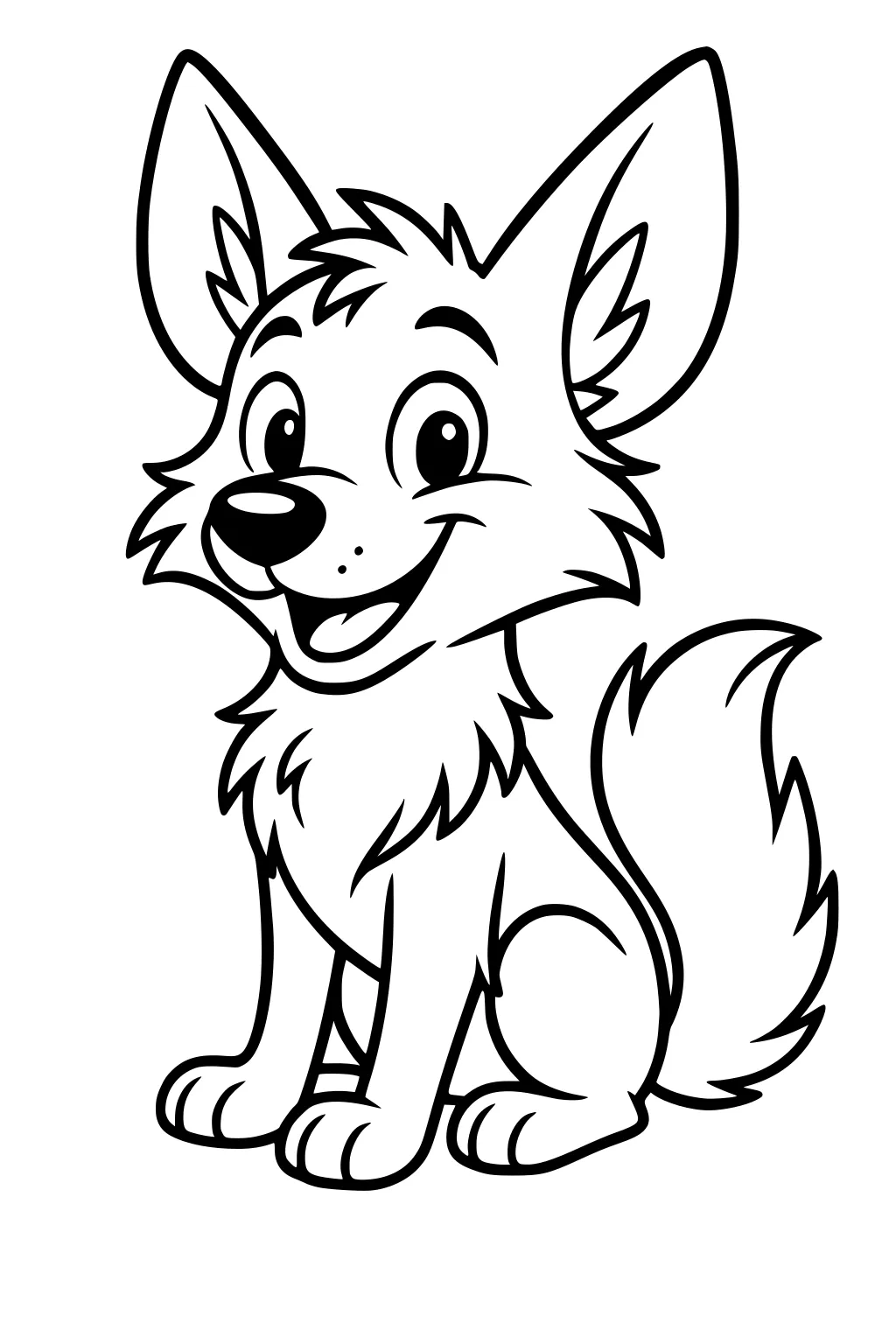 Cartoon wolf pup sitting and smiling with big ears, fluffy tail, and round eyes in bold black outline.