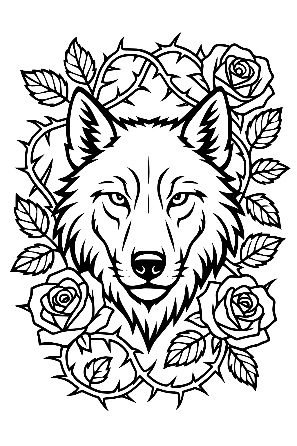 Wolf face framed by roses, leaves, and thorny vines; bold outlines with detailed fur, calm eyes, upright ears, white background.