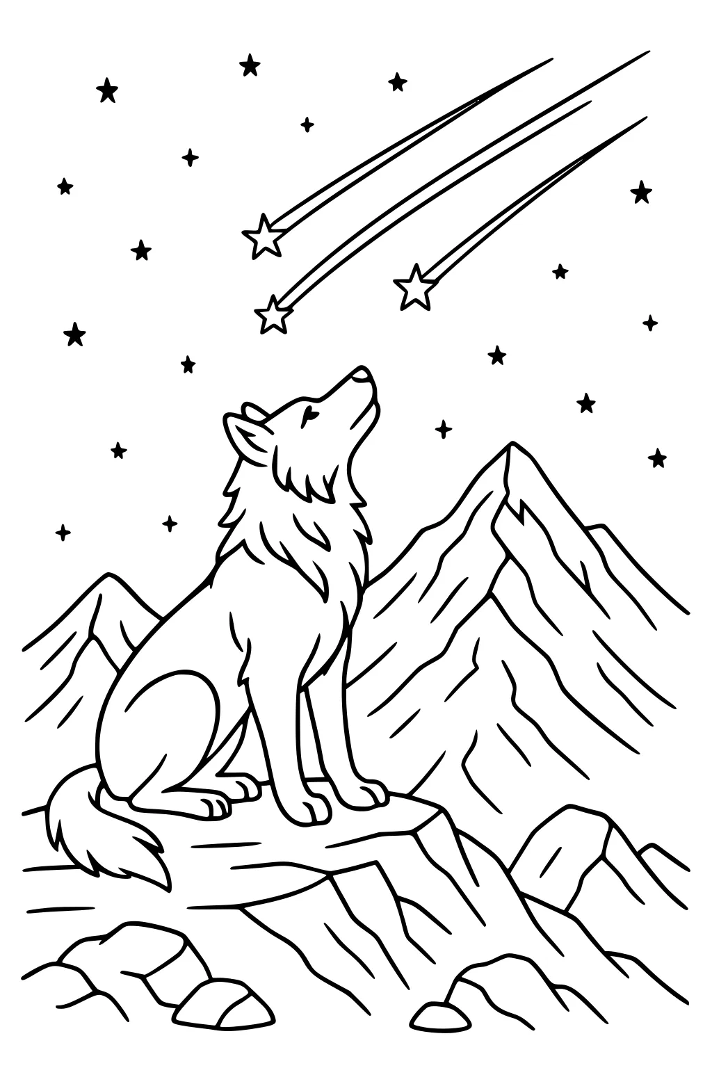 Wolf sitting on a rocky ledge under a starry night sky with three shooting stars and mountains in the background.