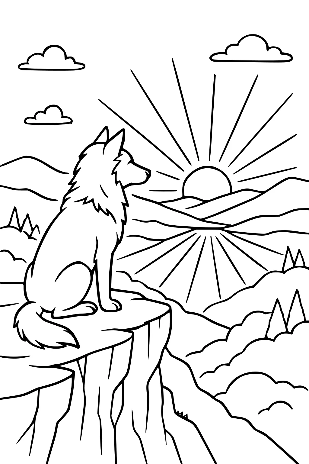 Cartoon wolf on a cliff facing a sunrise over layered mountains with sun rays, puffy clouds, and small pine trees.