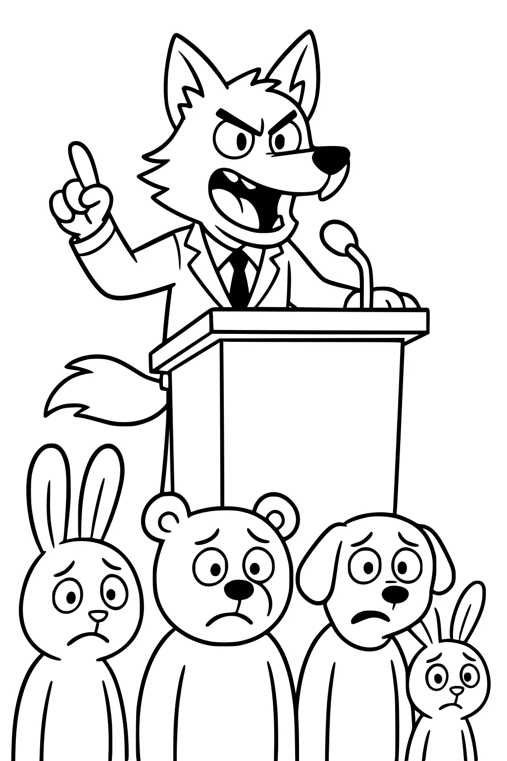 Cartoon wolf in a suit shouting at a podium with microphone; worried rabbit, bear, dog, and small bunny stand in front.