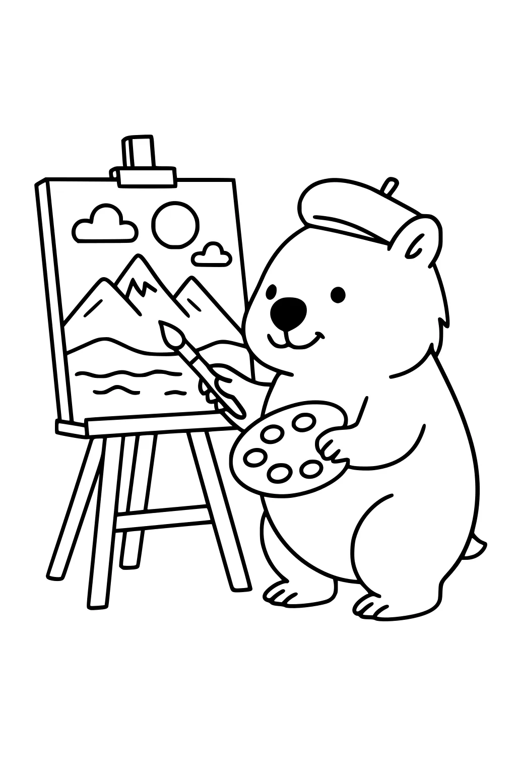 Smiling wombat in a beret paints mountains on an easel, holding a palette and brush; sun, clouds, and water lines on the canvas.