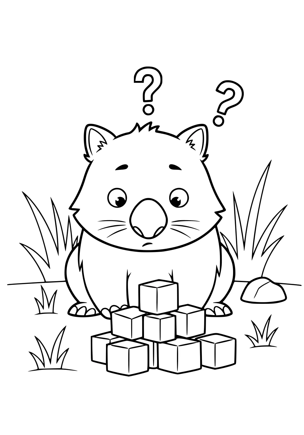 Cartoon wombat on grass staring at stacked cubes with question marks above; tufts of grass and a rock in the background.