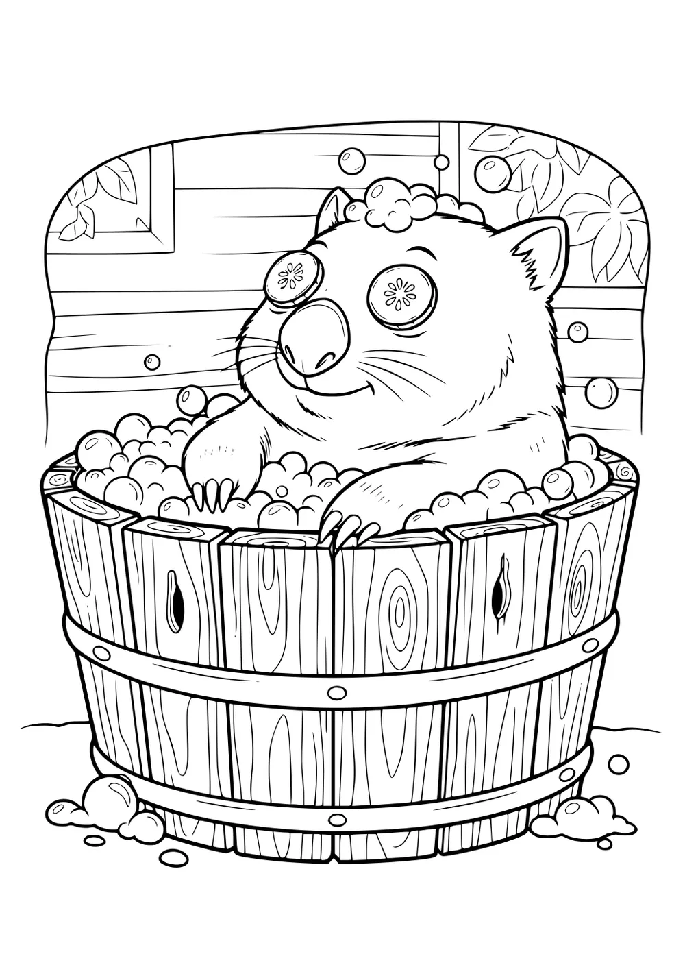 Smiling wombat in a wooden barrel tub, bubbles and foam around her, cucumber slices on her eyes, paws on the rim.