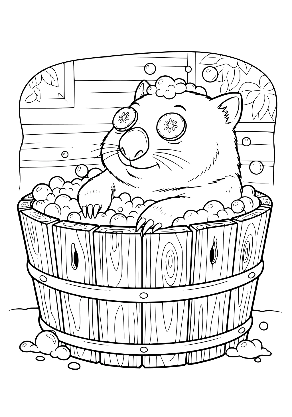 Smiling wombat in a wooden barrel tub, bubbles and foam around her, cucumber slices on her eyes, paws on the rim.