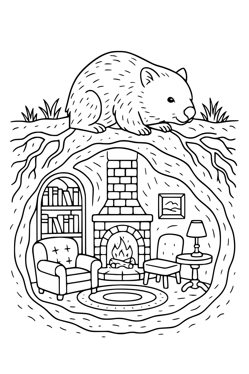 Wombat on ground above cutaway burrow with brick fireplace, armchair, rug, bookshelf, lamp, chair, roots, and grass.