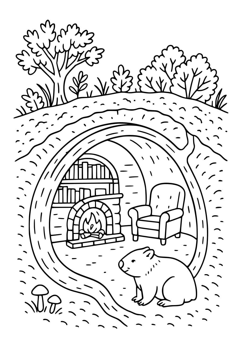 Wombat in a cozy underground burrow with fireplace, armchair, and bookshelf; trees above and mushrooms by the tunnel.