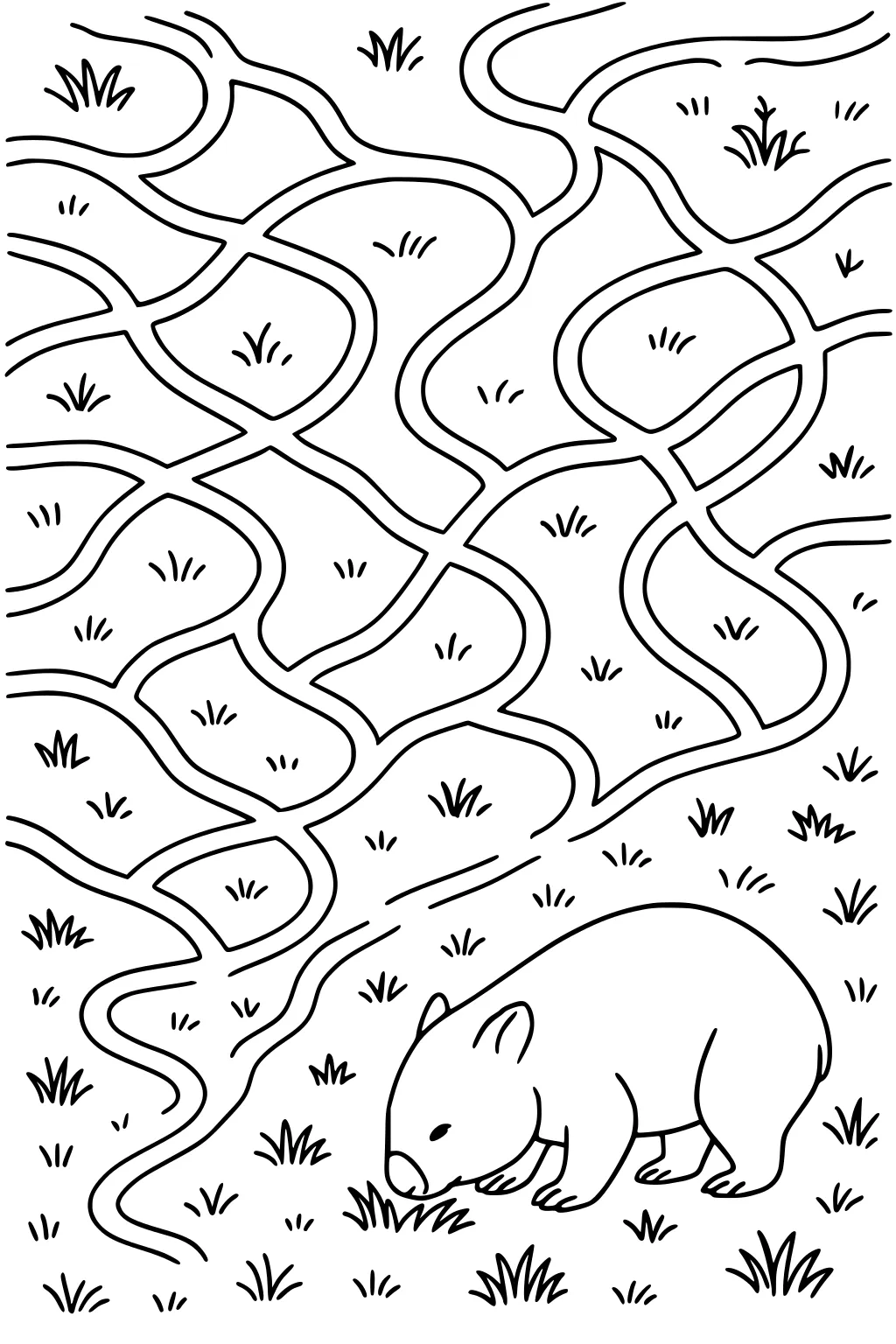 Plump cartoon wombat walking through grass with wavy, crisscrossing tunnel lines in the background and small grass tufts scattered.