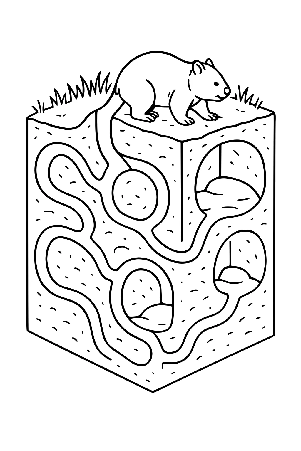 Wombat on grass above a cutaway soil block with winding tunnels and round burrow chambers in simple black outlines.