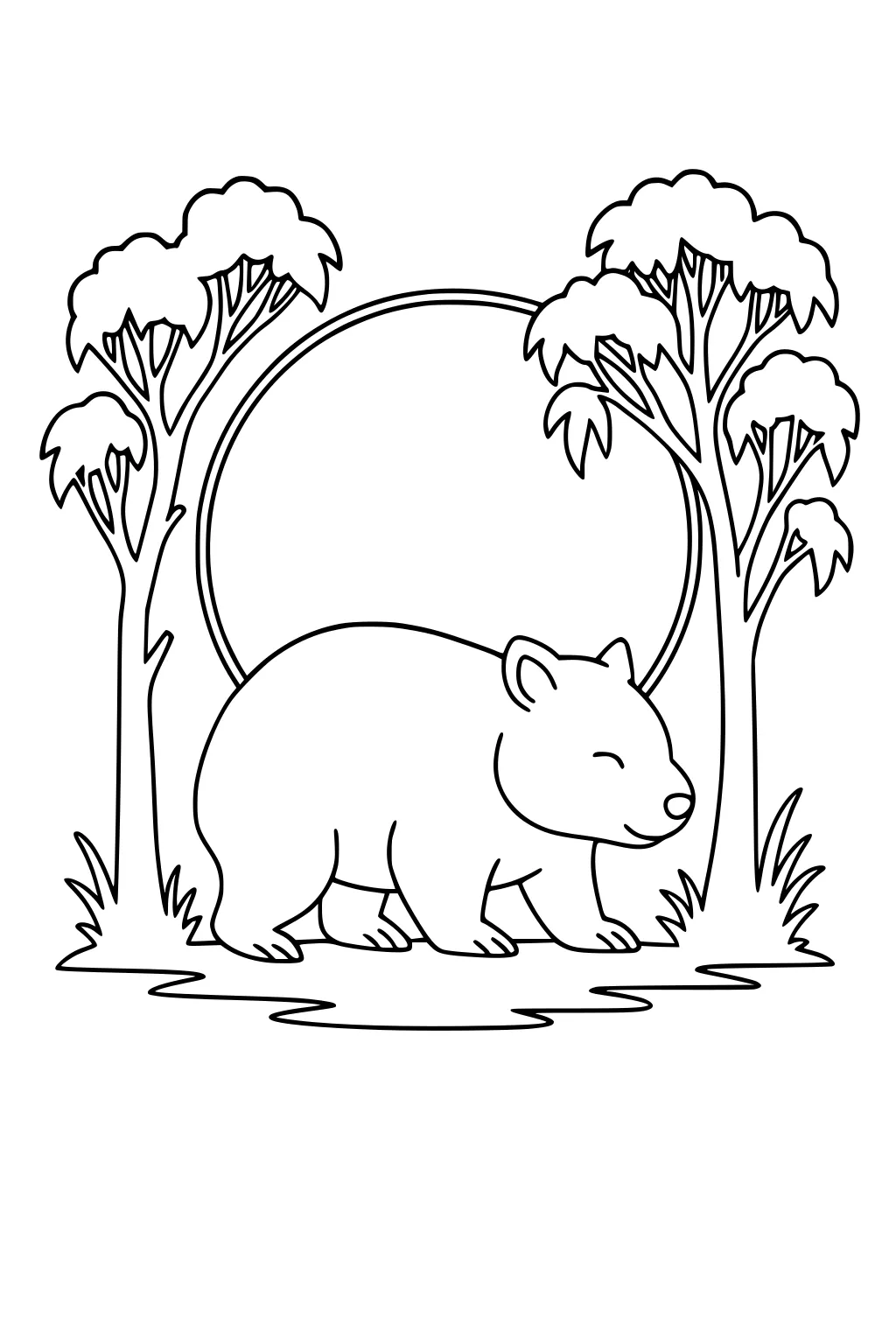 Smiling wombat walking on grassy ground with puddles, framed by a large circle and two eucalyptus trees on each side.