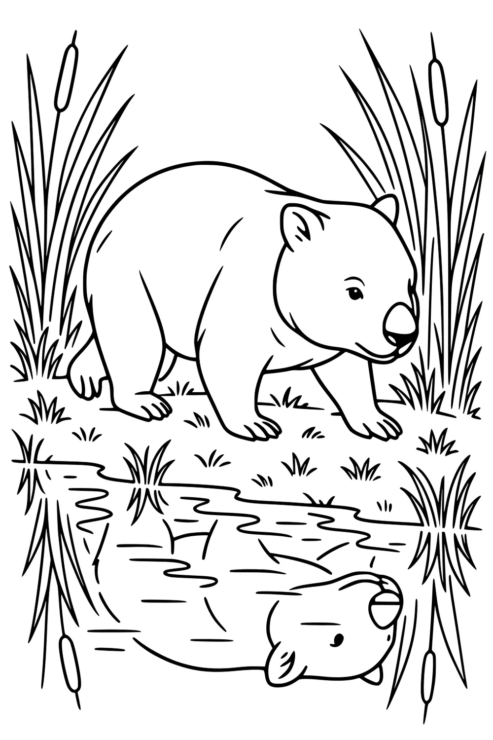 Wombat walking beside a pond, her reflection in rippled water, with tall reeds, cattails, and small grass tufts on the bank.