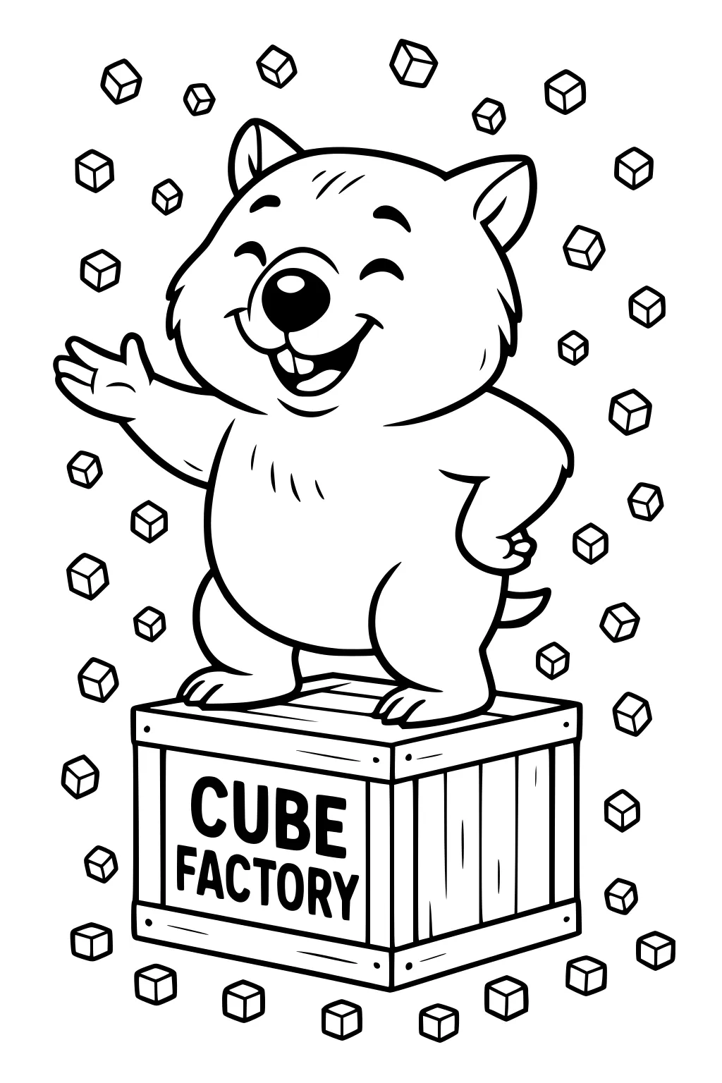 Smiling cartoon wombat waving on a crate labeled CUBE FACTORY, surrounded by floating cubes.