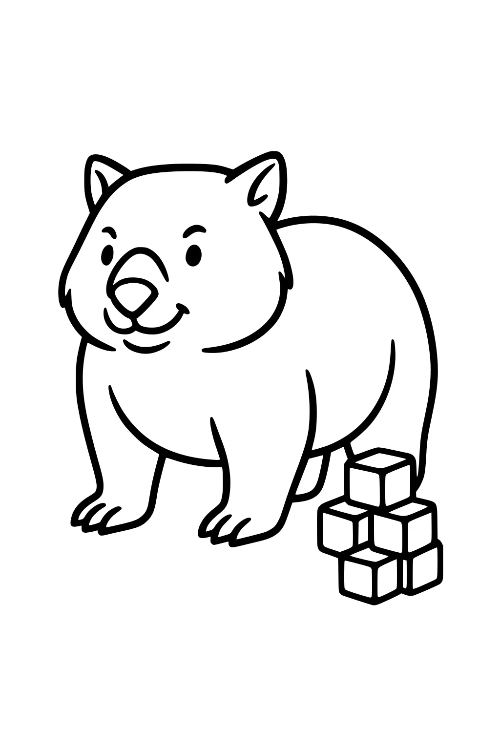 Smiling cartoon wombat stands beside a neat stack of small cubes, drawn with bold outlines and open space for easy coloring.