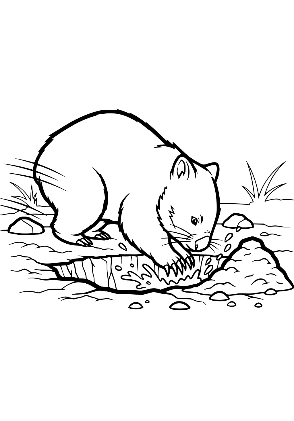Cartoon wombat digging a burrow with big claws, dirt pile, small rocks, and grass tufts on the ground.